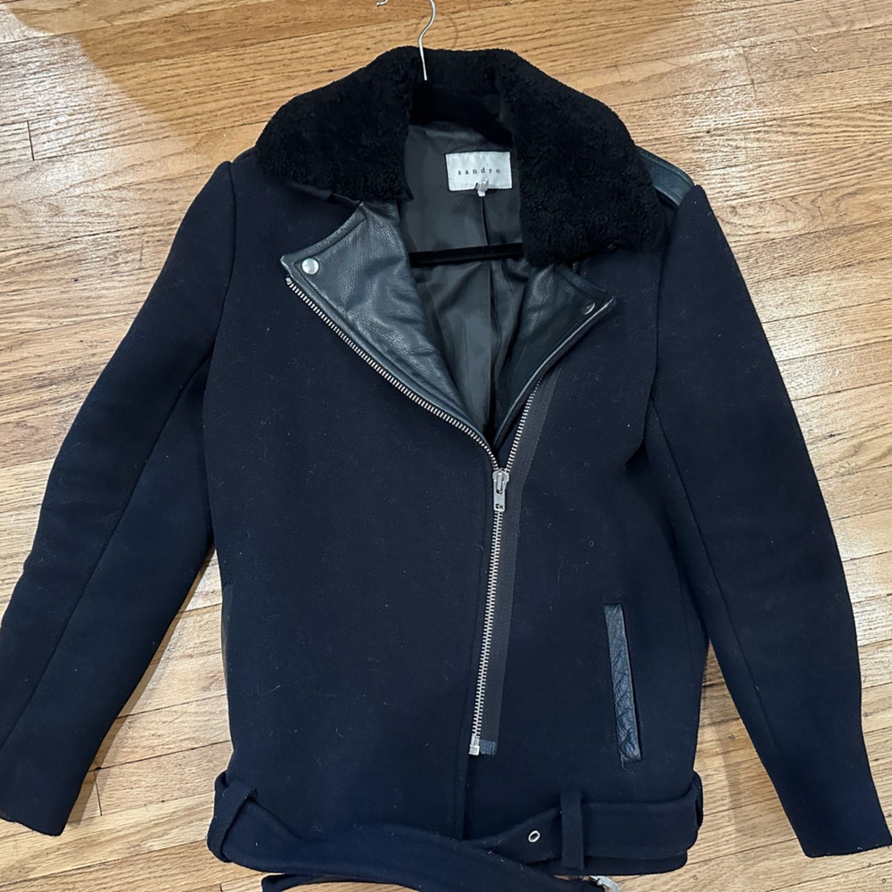 Sandro motorcycle coat with removable shearling collar 36/ small navy blue